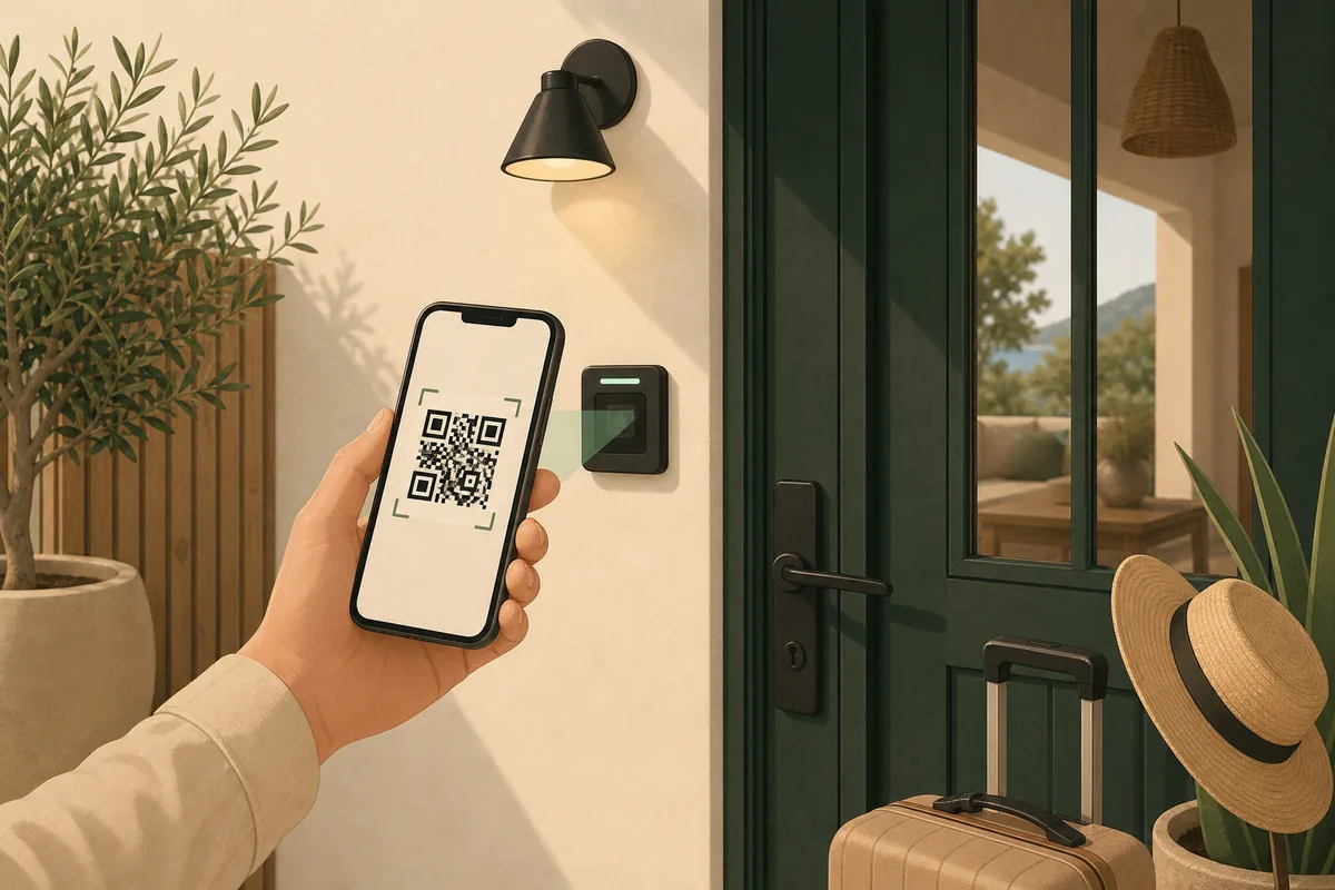 Guest scanning a QR code on a phone to open a direct rebooking site at a vacation rental